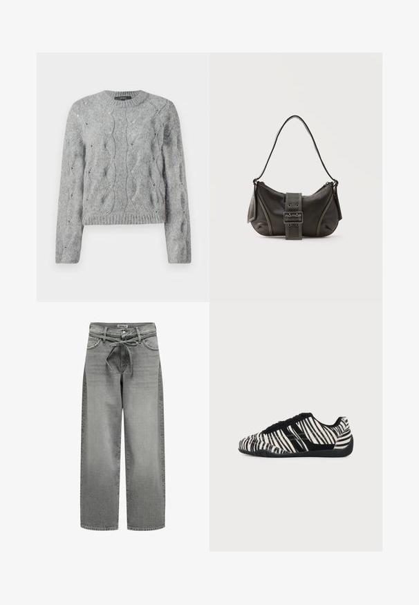 Pull à manches longues en tricot torsadé gris, avec un col rond et des bords côtes à l'encolure et aux manches, présenté sur fond blanc.; Jeans en denim gris à jambes larges avec une taille à cordon de serrage et des poches avant. Le tissu présente une légère texture et une finition délavée.; Baskets à lacets noires et blanches avec motif rayures zèbre et semelle noire texturée sur un fond clair uni.; Sac à épaule en cuir noir avec une sangle à boucle, des bords arrondis et des coutures blanches contrastées sur un fond uni.