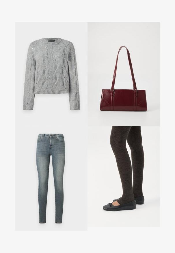 Grijze kabelgebreide trui met lange mouwen, ronde hals en geribbelde manchetten en zoom, weergegeven op een witte achtergrond.; Blauw-grijze slim-fit vrouwenjeans met een knoop- en ritssluiting, voor- en achterzakken, en een lichte vervaging op de dijen.; Benen met donkere geribbelde leggings gecombineerd met zwarte ballerina's met kleine strikdetails op een witte achtergrond.; Bourgondische handtas van glanzend materiaal, rechthoekige vorm, met twee schouderbanden en subtiele gebogen accenten aan de voorkant.