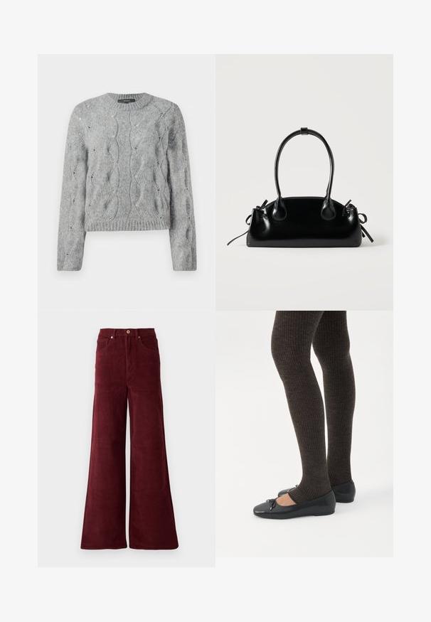 Pull à manches longues en tricot torsadé gris, avec un col rond et des bords côtes à l'encolure et aux manches, présenté sur fond blanc.; Pantalons en velours côtelé large de couleur bordeaux, avec une taille haute, des poches avant et une fermeture à bouton. Tissu texturé à côtes sur toute la surface.; Jambes portant des leggings côtelés foncés associés à des ballerines noires avec de petits détails en nœud sur fond blanc.; Petit sac à main noir brillant avec deux longues anses et des détails à cordon sur les côtés sur un fond clair uni.