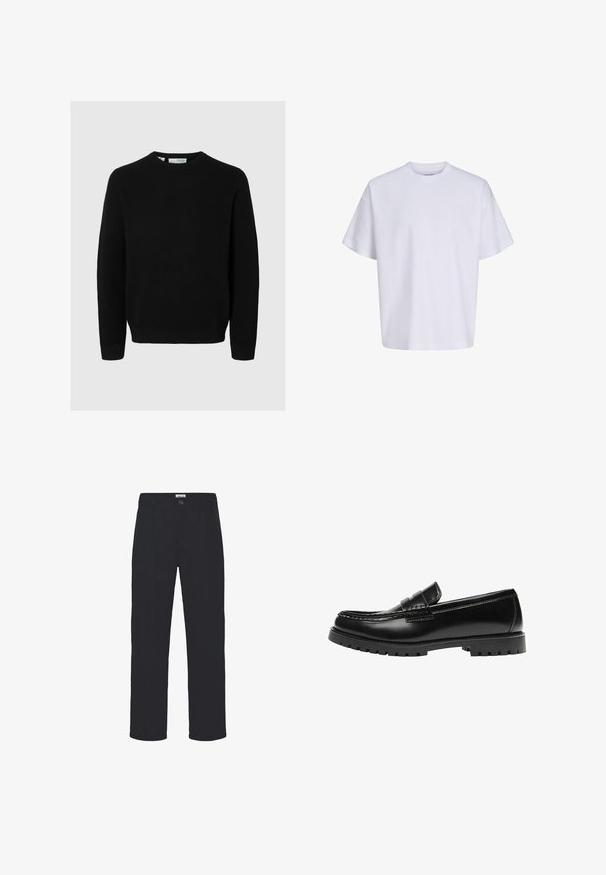 Pull noir en tricot avec un encolure ronde, des manches longues et un ourlet côtelé. La texture est uniforme sur tout le tissu.; T-shirt blanc uni oversize à manches courtes, col rond et coupe ample sur fond blanc.; Pantalon noir en tissu texturé, présentant une coupe droite, des plis sur le devant et une fermeture à un bouton à la taille.; Mocassin en cuir noir avec une semelle en caoutchouc épaisse et un détail classique de bride à monnaie, vu de côté extérieur.
