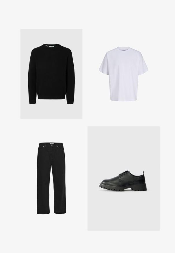 Suéter negro de punto con cuello redondo, mangas largas y dobladillo acanalado. La textura es uniforme en toda la tela.; Camiseta blanca lisa de manga corta, de gran tamaño, con cuello redondo y corte holgado sobre un fondo blanco.; Vaqueros de mezclilla negra con corte recto, diseño de cinco bolsillos, detalles en hardware de cobre y una cinta de cintura resistente. Textura suave, estilo sin adornos.; Zapatos de cuero negro con cordones, punta redondeada, superficie texturizada y suela de goma gruesa con profundos surcos para mejor agarre.