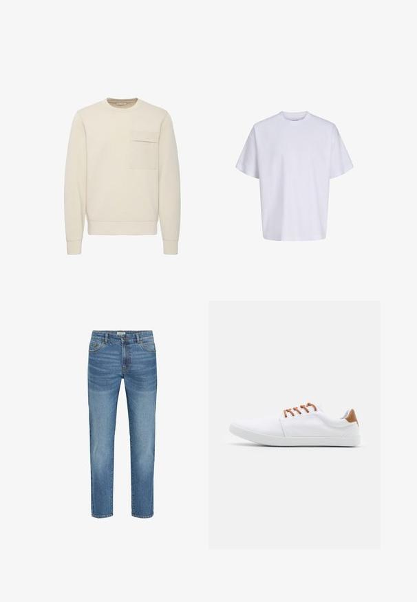 Beige crew neck sweatshirt gemaakt van zachte stof, met een borstzak, ribbels aan de mouwen en onderkant. Soepele textuur met minimale ontwerp elementen.; Effen witte oversized T-shirt met korte mouwen, ronde hals en losse pasvorm tegen een witte achtergrond.; Lichtblauwe denim jeans met een klassiek recht model, voorzien van vijf zakken, metalen knoopsluiting en een lichte vervaging op de stof.; Witte canvas sneakers met bruine accenten, voorzien van platte veters, een lage zool en een gestructureerde rubberen zool.