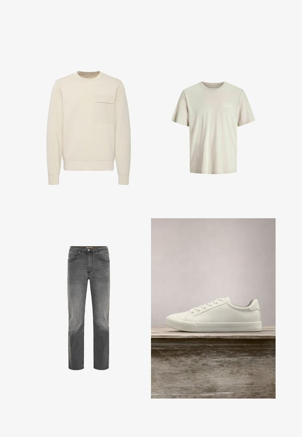 Beige crew neck sweatshirt gemaakt van zachte stof, met een borstzak, ribbels aan de mouwen en onderkant. Soepele textuur met minimale ontwerp elementen.; Lichtbeige katoenen t-shirt met korte mouwen en een ronde hals. Bevat een subtiele witte logo op de linkerborst. Eenvoudig ontwerp.; Grijze denim jeans met een rechte pasvorm, vijf zakken en een subtiele vervaagde afwerking. Voorzien van een knoop- en ritssluiting.; Witte vetersneaker die boven een houten bank zweeft met groene bladeren op de achtergrond, waarbij het ontwerp en de textuur van de schoen worden getoond.