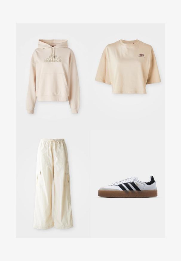 Sweatshirt beige à capuche avec une poche avant, présentant le logo "new balance" et des accents floraux dans des couleurs douces. Tissu doux et manches longues.; T-shirt beige cropped en coton, avec des manches courtes, un col rond et un graphique de logo marron sur la poitrine gauche.; Pantalons cargo à jambes larges en tissu beige clair avec une taille élastique, un cordon de serrage et des poches latérales. Texture douce avec un minimum de détails.; Baskets en cuir blanc avec des rayures noires, semelle extérieure en caoutchouc beige, bout rond, fermeture lacée et embout en suède gris doux.