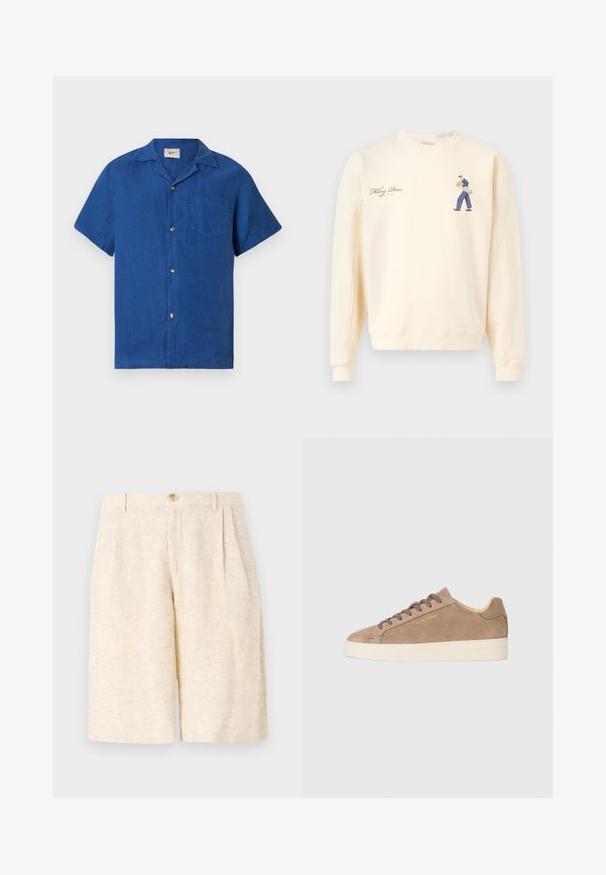 Sweat-shirt crème avec un petit motif d'une personne portant des baguettes et le texte « Filling Pieces Baking Bread » sur la poitrine.; Chemise bleu à manches courtes avec col camp et poche poitrine, présentée à plat sur un fond blanc.; Shorts taillés beiges en tissu texturé, avec des plis à l'avant, une fermeture à boutons et une coupe droite.; Baskets en daim beige avec une toe ronde, semelle en caoutchouc crème et lacets marron. Présente un logo de marque en relief sur le côté et un matériau texturé.