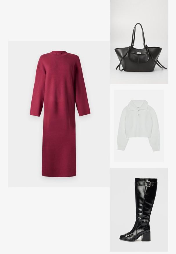 Hvid cropped sweater med ribbet tekstur, stor krave og tre dekorative knapper ved halsudskæringen. Lange ærmer med ribbede manchetter.; Bordeaux, langærmet strikket kjole med høj hals, løs pasform og lige silhuet, som har en blød tekstur og ingen synlige lukninger.; Sorte læderknæhøje støvler med en blank finish. Har sølvspænder og remme, en spids tå og en chunky, tekstureret hæl.; Sort læder tote taske med en bred, trekantet form. Har en slank metallisk lås, lange håndtag og glat tekstur.