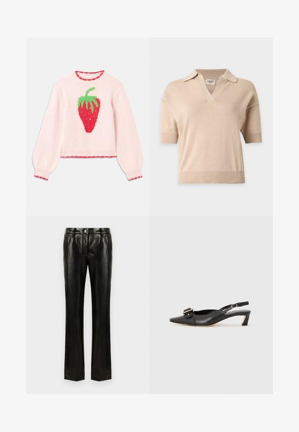 Suéter de punto rosa con un gran gráfico de fresa roja, hojas verdes y un ribete con un borde rojo en contraste.; Jersey de punto beige de manga corta con dobladillo y puños acanalados, cuello abierto y escote en V.; Pantalones rectos de imitación de cuero negro con cierre de botón y cremallera, trabillas para cinturón y bolsillos laterales, exhibidos sobre un fondo blanco.; Zapato slingback de cuero negro con punta afilada, tacón pequeño y detalle de hebilla decorativa en la parte superior. Textura suave, diseño minimalista.