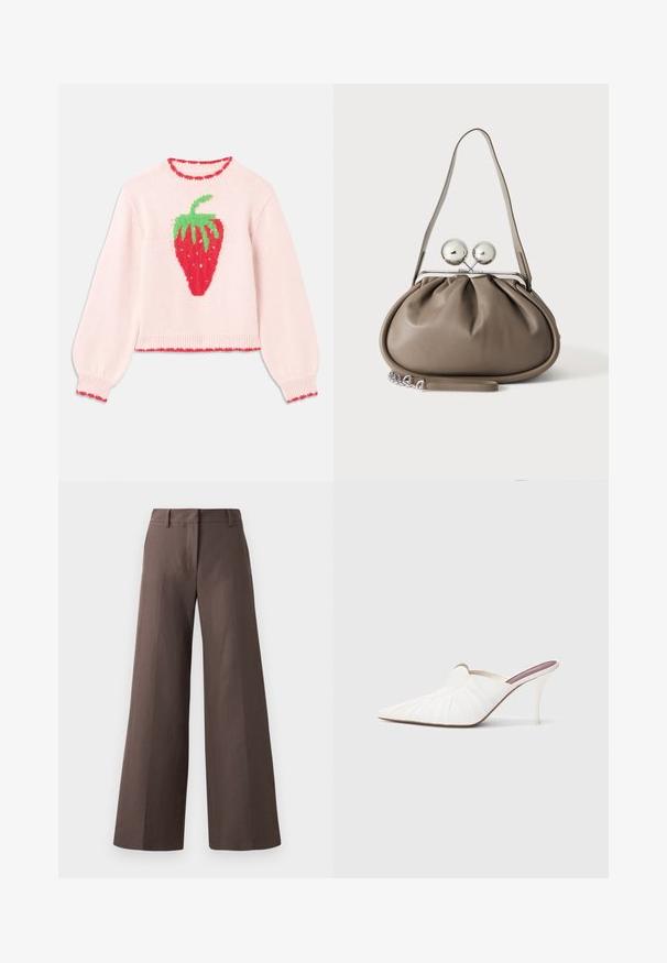 Pull en tricot rose avec un grand graphisme de fraise rouge, des feuilles vertes et un bord côtelé avec un contraste rouge.; Pantalons amples marron en tissu lisse ; dotés d'un devant plat, de passants de ceinture et de coutures verticales le long des jambes.; Mules blanches à bout pointu, texture plissée sur le dessus, et talon stiletto fin. Surface lisse et design minimaliste.; Sac à main en cuir gris de forme arrondie, fermeture supérieure avec deux grandes sphères argentées, et une seule anse.