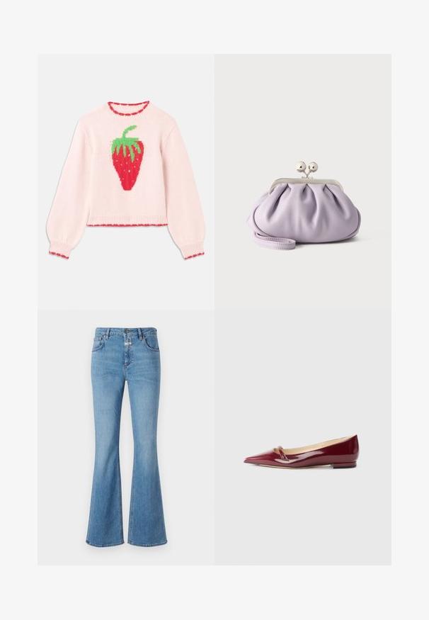 Pull en tricot rose avec un grand graphisme de fraise rouge, des feuilles vertes et un bord côtelé avec un contraste rouge.; CLOSED JOVANNA - Jean bootcut - light blue; Ballerines en cuir verni bordeaux avec un bout pointu, présentant un petit détail découpé et un petit talon. Texture lisse et design épuré.; Pochette lavande douce avec tissu froncé, fermoir kiss-lock argenté et bracelet assorti sur un fond clair uni.
