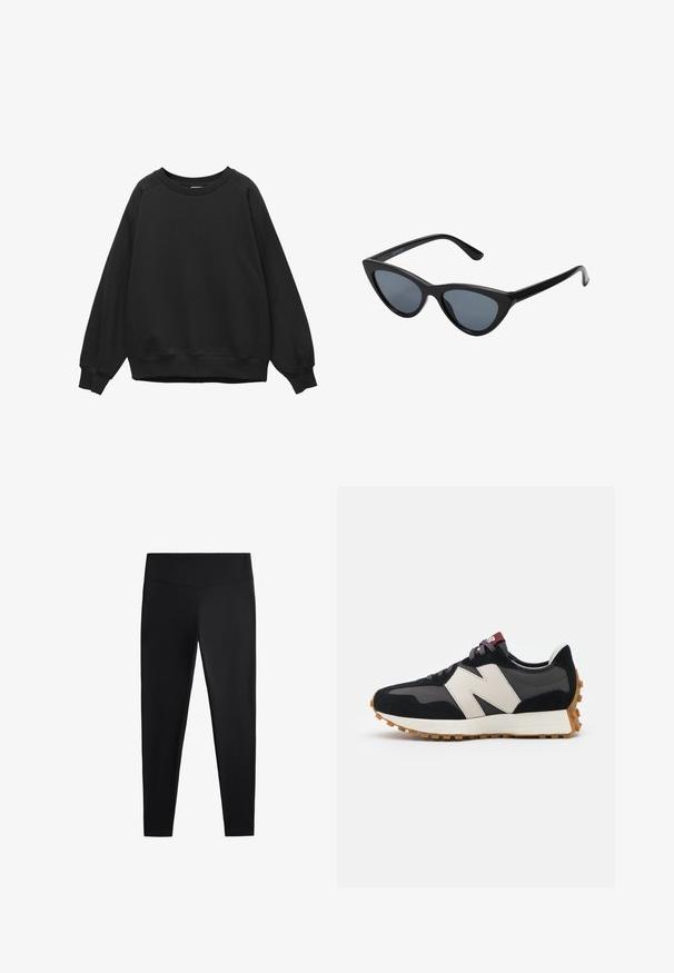 Sweat-shirt noir à col rond avec manches raglan longues et poignets et ourlet côtelés, design uni, posé à plat sur un fond blanc.; Leggings noirs en tissu lisse et extensible. Dotés d'une taille large et d'un design de jambe fuselée, adaptés pour une utilisation active ou décontractée.; Baskets en suede noir et gris avec un grand logo "N" couleur crème, lacets violets et semelle extérieure en caoutchouc gomme texturé.; Lunettes de soleil noires en forme d'œil de chat avec des verres gris foncé, monture en plastique élégante, coins pointus et branches droites. Pas de métal visible ni d'accents.