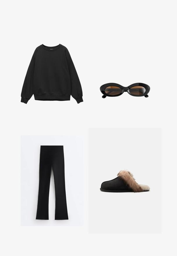 Sort crewneck-sweatshirt med lange raglanærmer og ribstrikkede manchetter og kant, ensfarvet design, lagt fladt på en hvid baggrund.; Sorte leggings med høj talje og bred taljebånd, med lige ben, vist fladt på hvid baggrund.; Sort slip-on hjemmesko med tyk tan og cremefarvet pelskant omkring hælen og indersiden, flad sål og UGG-logo på siden.; Sorte ovale solbriller med tykke stel og brune tonede glas, vist mod en hvid baggrund.