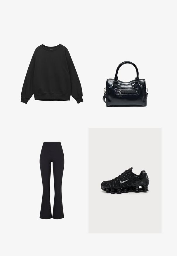 Schwarzer Sweatshirt mit Rundhalsausschnitt, langen Raglanärmeln sowie gerippten Bündchen an Ärmeln und Saum, schlichtes Design, flach auf weißem Hintergrund liegend.; Schwarze, hochtaillierte Schlaghosen aus Stretchstoff. Sie verfügen über eine glatte Textur und eine figurbetonte Silhouette an den Hüften.; Schwarzer Nike Sportschuh mit silbernem Swoosh-Logo, Mesh- und synthetischem Obermaterial und einer markanten segmentierten gepolsterten Sohle.; Schwarze glänzende Lederhandtasche mit zwei Griffen, vorderer Reißverschlusstasche und abnehmbarem Schulterriemen auf weißem Hintergrund.