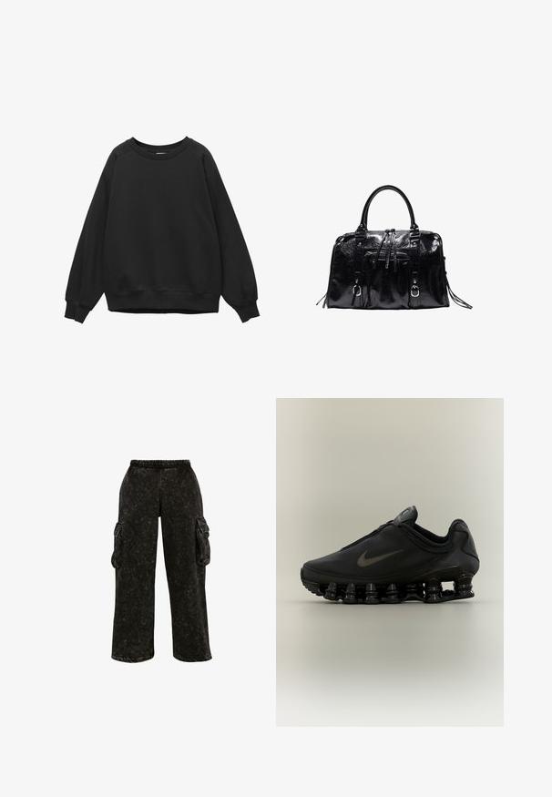 Sort crewneck-sweatshirt med lange raglanærmer og ribstrikkede manchetter og kant, ensfarvet design, lagt fladt på en hvid baggrund.; Sorte cargo bukser med tekstureret overflade, elastisk talje og sidelommer. Har brede ben og en afslappet pasform.; Sort Nike-sneaker med lynlåsfunktion øverst og karakteristisk fjederlignende opdelt sål, vist i sideprofil mod en neutral baggrund.; Sort blank læderhåndtaske med to håndtag, frontlynlåslomme, dekorative remme og sølvfarvet metalbeslag.