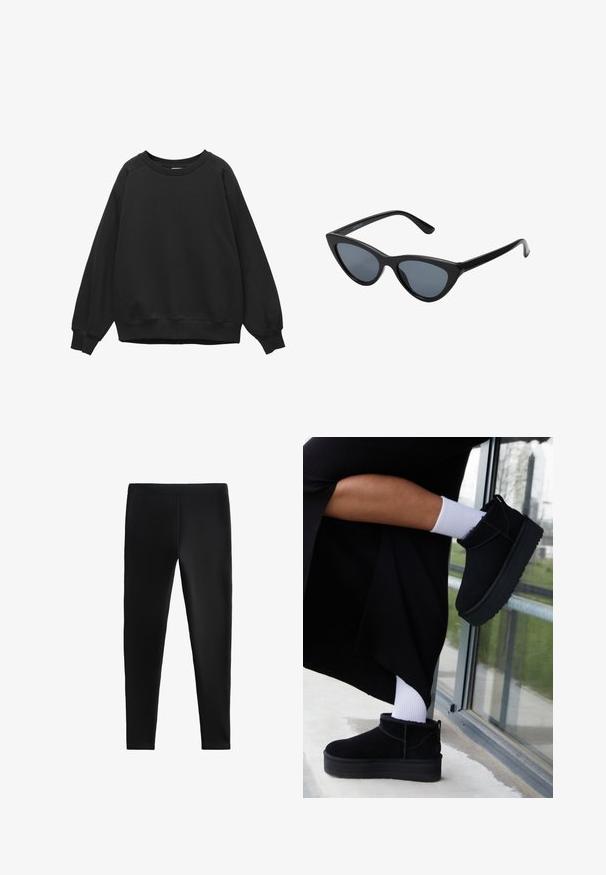Schwarzer Sweatshirt mit Rundhalsausschnitt, langen Raglanärmeln sowie gerippten Bündchen an Ärmeln und Saum, schlichtes Design, flach auf weißem Hintergrund liegend.; Schwarze Leggings aus dehnbarem Material, mit einer körperbetonten Passform ohne sichtbare Nähte oder Taschen, geeignet für verschiedene Aktivitäten.; Schwarze Wildleder-Stiefeletten mit flacher Sohle, versehen mit einer Zuglasche hinten, getragen mit weißen Knöchel-Socken vor einem minimalistischem Hintergrund.; Schwarze Cat-Eye-Sonnenbrille mit dunkelgrauen Gläsern, schlankem Kunststoffrahmen, spitzen Ecken und geraden Bügeln. Keine sichtbaren Befestigungen oder Akzente.