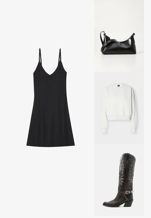 Sweat-shirt court gris clair à col rond avec manches longues et poignets et ourlet côtelés.; Robe nuisette noire à rayures avec un décolleté en V et de fines bretelles réglables. Présente une coupe décontractée, tombant au-dessus des genoux, avec un design minimaliste.; Botte de cowboy en cuir noir avec découpes décoratives, boucle argentée et talon incliné, présentée sur fond blanc.; Sac à main en cuir noir avec une texture lisse. Dispose d'une bandoulière adjustable et d'un design élégant et minimaliste avec une fermeture éclair.