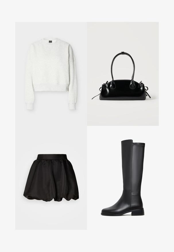 Lysegrå cropped sweatshirt med rund hals, lange ærmer og ribstrikkede manchetter og kant.; Sort satin nederdel med en bred taljeelastik, der har en voluminøs, bobleform. Glat tekstur uden synlige mønstre eller hardwaredetaljer.; Sorte læderknæhøje støvler med en glat tekstur, rund tå, lav blokhæl og diskret syning langs siden.; Lille sort blank håndtaske med to lange håndtag og snøre-detaljer i siden på en ensfarvet lys baggrund.