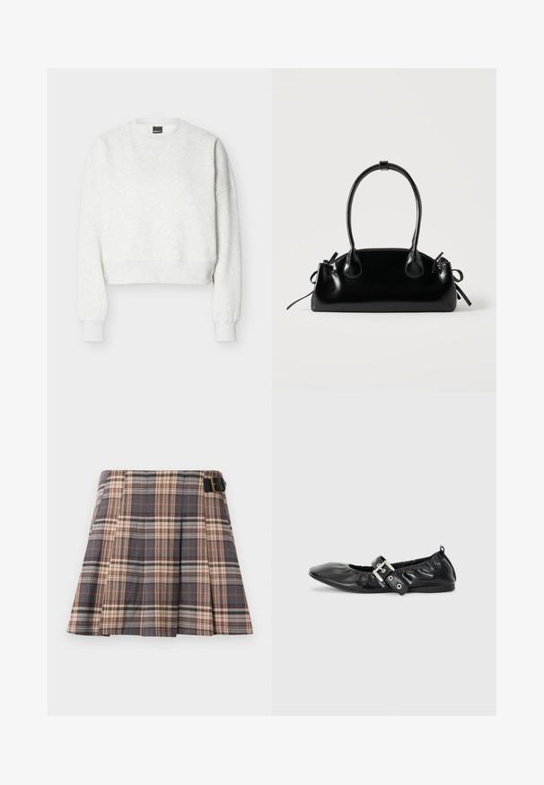 Lysegrå cropped sweatshirt med rund hals, lange ærmer og ribstrikkede manchetter og kant.; Rutig nederdel i grå, beige og rustfarver; har plisseringer, en spænde detalje og et struktureret design. Fremstillet af et vævet stof.; Sorte læder flade sko med spids tå, samling detaljer omkring åbningen, og en sølv spænde accent på den justerbare rem.; Lille sort blank håndtaske med to lange håndtag og snøre-detaljer i siden på en ensfarvet lys baggrund.