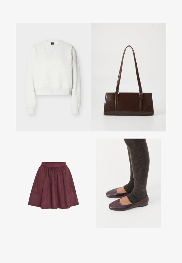 Sweat-shirt court gris clair à col rond avec manches longues et poignets et ourlet côtelés.; Jupe en daim bordeaux avec une forme évasée, une taille élastique et deux poches latérales, présentant une texture douce et un design minimaliste.; Ballerines en cuir verni bourgogne à bout carré, accompagnées de chaussettes en tricot côtelé marron foncé atteignant le molet.; Sac à main en cuir verni marron de forme rectangulaire, avec deux longues poignées et des accents courbés subtils à l'avant.