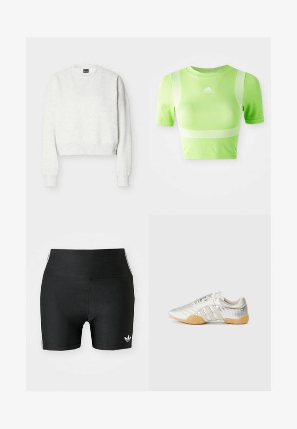 Lysegrå cropped sweatshirt med rund hals, lange ærmer og ribstrikkede manchetter og kant.; Kappet atletisk skjorte i lys grøn stof. Har korte ærmer, rund hals og hvidt diagonalt stribemønster på skuldrene. adidas-logo på fronten.; Sorte atletiske shorts i en strækbar kvalitet med høj talje. Har hvide side-striber og et lille hvidt logo ved sømmen.; Sølvfarvet sportssko med en glat læderoverdel, gummisål og teksturerede detaljer. Har et buet design og tonede snørebånd.