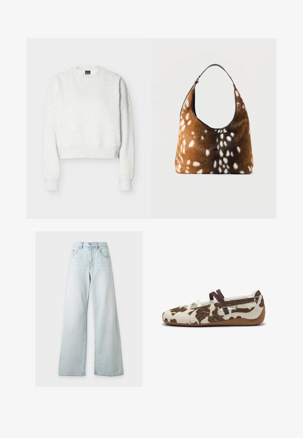 Lysegrå cropped sweatshirt med rund hals, lange ærmer og ribstrikkede manchetter og kant.; Lyseblå højhåndede vidde jeans med forreste knap og lynlås, forlommer og bæltestropper på hvid baggrund.; Flade sko i købmælkprint med en struktureret overdel i brun og creme, elastiske remme og en gummisål med et fleksibelt design.; Brun og sort håndtaske med hvid pletskindtekstur og en enkelt sort skulderrem på en ensfarvet baggrund.