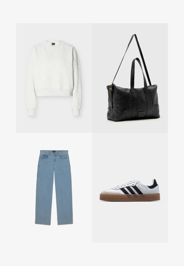 Lysegrå cropped sweatshirt med rund hals, lange ærmer og ribstrikkede manchetter og kant.; Lysblå jeans, løs pasform, denimstof, fem-lomme design, knaplukning, lige ben, synligt syninger, ingen mønstre eller accenter.; Hvide lædersneakers med sorte striber, gummirubber sål, rund tå, snørelukning og blød grå ruskinds tåhætte.; Sort lærrejsetaske med to korte håndtag og en justerbar lang rem, med en gylden lynlås og tekstureret finish.