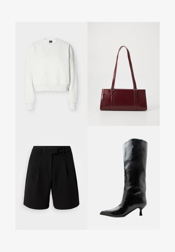 Lysegrå cropped sweatshirt med rund hals, lange ærmer og ribstrikkede manchetter og kant.; Sorte skræddersyede shorts lavet af glat stof, med høj talje, folder, bæltestropper og sidelommer, med et rent design.; Sort skinnende knæhøj læderstøvle med spids tå og lav buet hæl på en ensfarvet lys baggrund.; Bordeaux håndtaske lavet af glansfuldt materiale, rektangulær form, med to skulderremme og subtile buede detaljer på forsiden.