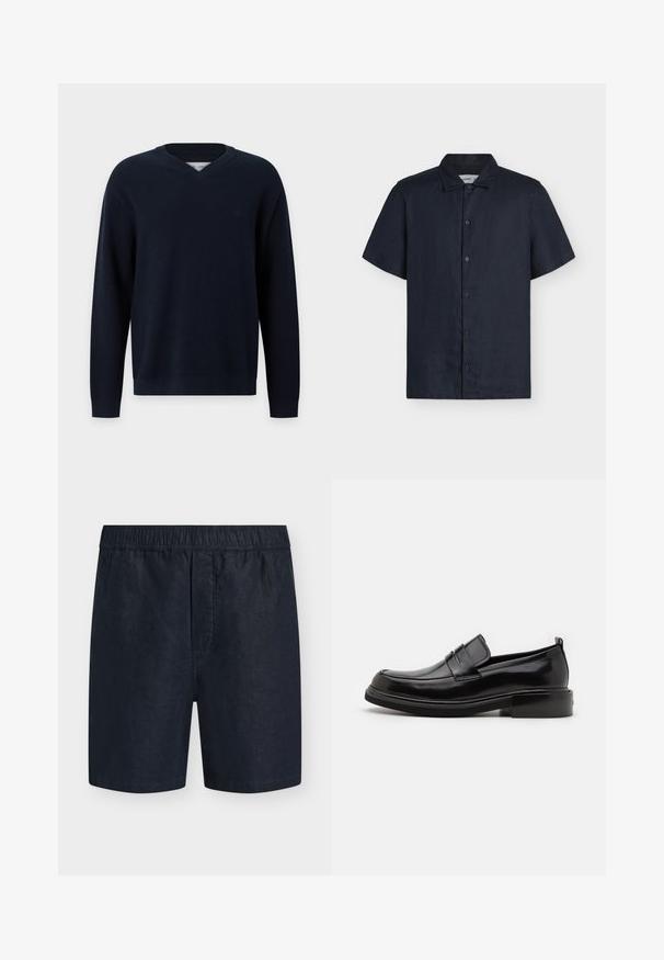 Pull en maille bleu marine foncé à manches longues avec col en V et poignets et ourlet côtelés sur un fond clair uni.; Chemise noire à manches courtes avec boutons et col classique, présentée sur un fond clair uni.; Shorts pour homme bleu marine avec taille élastique et sans poches visibles, présentés sur un fond clair uni.; Calvin Klein MOCCASIN - Mocassins de ville - black
