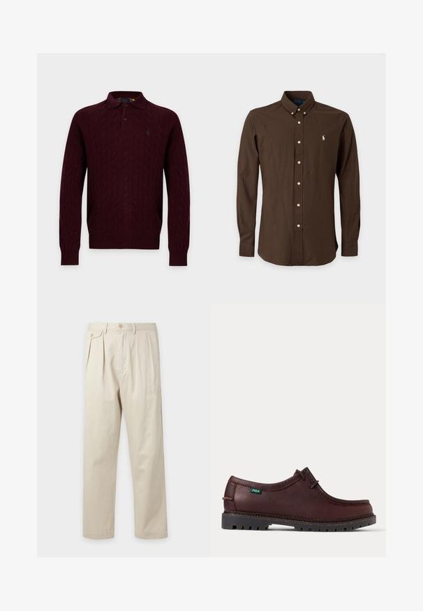 Langærmet mørk burgunder kabelstrikket polo sweater med to knapper og lille grønt broderet logo på brystet.; Langærmet mørkebrun skjorte med knapper, knaplukket krave og lille hvidt logo på venstre bryst.; Beige højtaljede bukser med plisseringer, knaplukning, bæltestropper og sidelomme med knapklap.; Mørkebrun lædermokkasinstil sko med sort robust sål og grønt Polo-logo mærke på siden, vist i sidevisning.