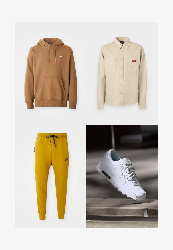 Brauner Nike-Hoodie mit Fronttasche, Kordelzugkapuze und weißem Nike-Logo auf der linken Brust, auf einem weißen Hintergrund präsentiert.; Beige-weiß gestreiftes Hemd mit langen Ärmeln zum Knöpfen, mit Kragen, zwei Brusttaschen und einem roten Dickies-Logo-Patch auf der rechten Tasche.; Senfgelbe Nike Jogginghose mit schwarzem Kordelzug, seitlicher Reißverschlusstasche, gerippten Bündchen und Nike-Logo am linken Oberschenkel.; Weiße Lederturnschuhe mit strukturierten Oberflächen, gepolstertem Kragen und sichtbarer Luftpolsterung in der Sohle. Verfügt über Schnürsenkel und ein minimalistisches Design.