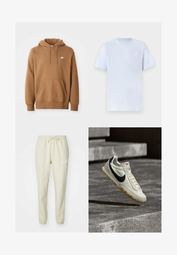 Musta Nike huppari, jossa on etutasku, kiristettävä huppu ja valkoinen Nike-logo vasemmassa rinnassa, esillä valkoista taustaa vasten.; Vaaleansininen puuvillainen t-paita lyhyillä hihoilla, pyöreä kaula-aukko ja valkoinen Nike-logo vasemmassa rinnassa. Suora pinta, yksinkertainen muotoilu.; Harmattanbeige verkkarit, jotka on valmistettu pehmeästä kankaasta. Niissä on joustava vyötärö, jossa on nauha, käännetyt nilkat ja pieni painettu logotyyppi.; Valkoinen ja musta Nike-tennari kumipohjalla roikkumassa betonisten portaiden yläpuolella, luonnonvalon valaistessa.