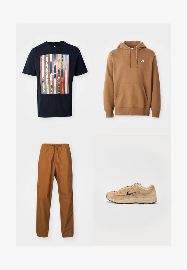 Sudadera marrón de Nike con bolsillo frontal, capucha con cordones y logo blanco de Nike en el lado izquierdo del pecho, exhibida sobre un fondo blanco.; Camiseta navy con un diseño gráfico que presenta rayas verticales en varios tonos, incorporando imágenes urbanas y un logo de Nike.; Pantalones marrones, ligeros, con cordón y cinturilla elástica, que cuentan con dos bolsillos laterales y una textura suave.; Zapatilla deportiva beige con materiales de malla y ante, silueta curva, suela negra, prominente logo plateado de Nike en el lateral y acentos texturizados.