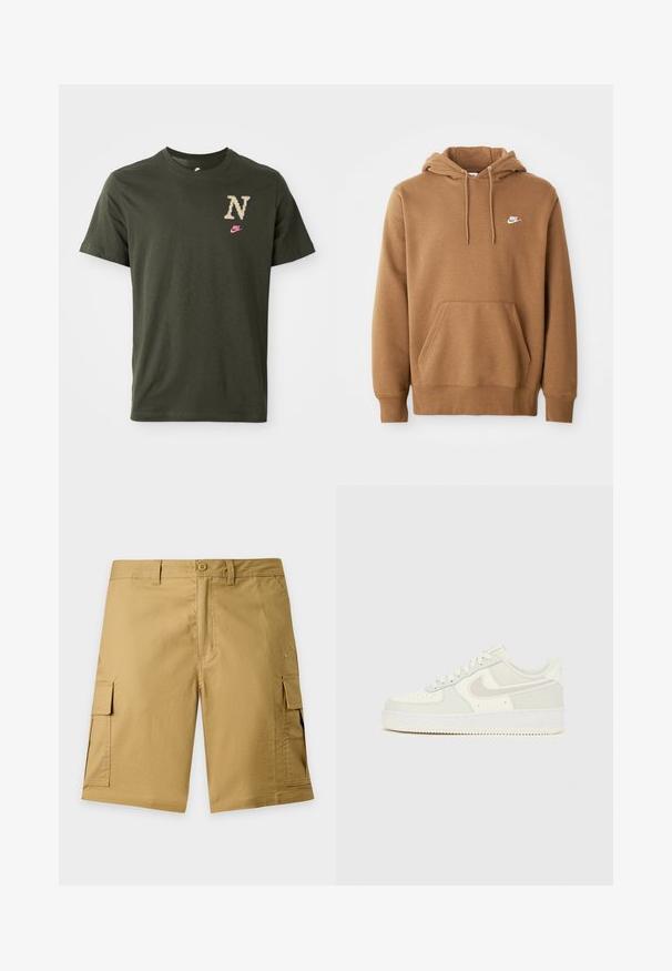Brauner Nike-Hoodie mit Fronttasche, Kordelzugkapuze und weißem Nike-Logo auf der linken Brust, auf einem weißen Hintergrund präsentiert.; Olivenfarbener Baumwoll-T-Shirt mit kurzen Ärmeln, ausgestattet mit einem großen gemusterten "N"-Logo in Beige und einem kleinen pinken Nike-Swoosh auf der Brust.; Khakifarbene Cargo-Shorts mit Knopf vorne, Gürtelschlaufen, seitlichen Klappentaschen und dezentem Markenlogo auf der rechten Beintasche.; Weiße Nike Air Force 1 Sneaker mit einem glatten Lederobermaterial, hellgrauen Akzenten, Perforationen an der Zehenpartie und einer strukturierten Gummisohle.