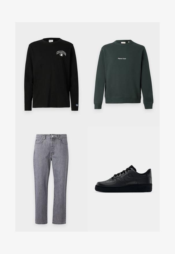 Donkergroen sweatshirt met een ronde hals, ribgebreide manchetten en zoom. Bevat witte geborduurde tekst op de borst. Gemaakt van een katoenmix.; Zwarte lange mouwen T-shirt van katoen. Kenmerkt een wit "Champion" logo op de linker borst en een klein logo op de rechtermouw.; Grijze denim jeans met een rechtlopende pasvorm, vijf zakken, een knoopsluiting en een subtiele slijtage-effect op de stof.; Zwarte Nike Air Force 1 sneaker met een gladde leren bovenkant, geperforeerde neus voor ademend vermogen, zwarte veters en een getextureerde rubberen zool.