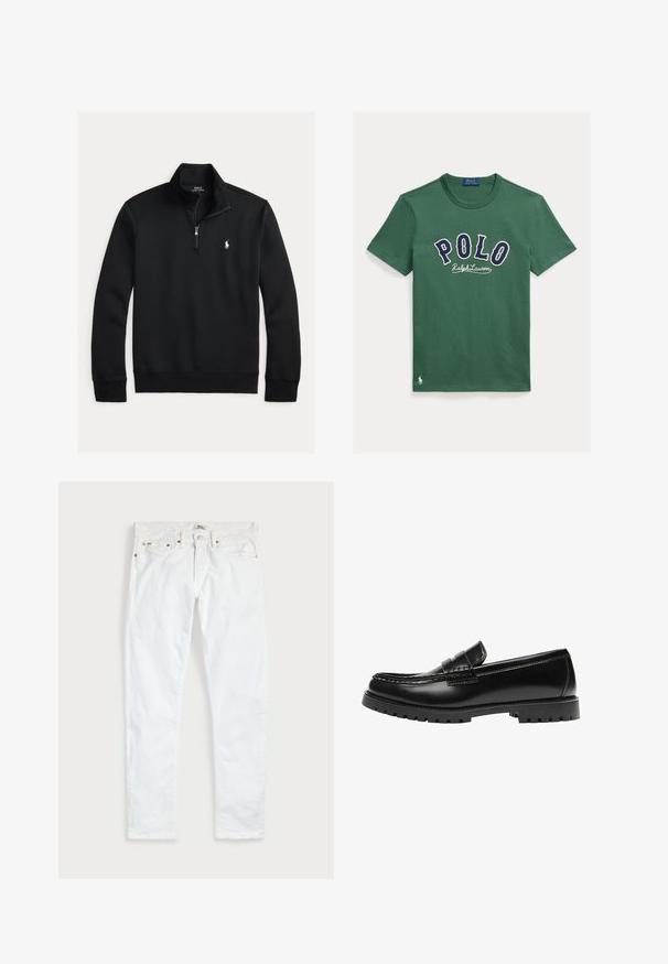 Zwarte pullover sweater van een katoenblend. Voorzien van een kraag met rits, geribbelde manchetten en zoom, met een klein wit logo op de borst.; Groen katoenen T-shirt met een ronde hals, met de tekst "POLO" in marineblauwe borduursels en de handtekening "Ralph Lauren" eronder. Klein logo op de zoom.; Witte slim-fit jeans met vijf zakken, knoopsluiting en riemlussen, plat gelegd op een effen lichte achtergrond.; Zwarte leren loafer met een dikke rubberen zool en klassieke penny-strap details, gezien vanaf de buitenkant.