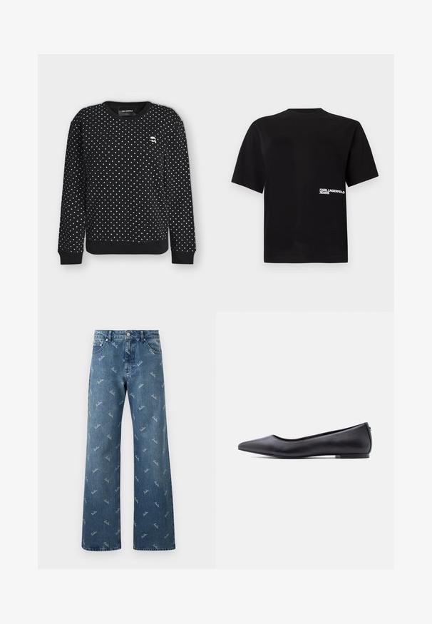 Schwarzes Sweatshirt mit langen Ärmeln und weißen Punkten, gerippten Bündchen und Saum sowie kleinem weißem Logo auf der oberen linken Brust.; Schwarzes Baumwoll-T-Shirt mit Rundhalsausschnitt und kurzen Ärmeln, mit weißem "Karl Lagerfeld Jeans"-Text auf der linken Seite.; Hellblaue Denim-Jeans im weit geschnittenen Design, mit einem wiederholten 'lala'-Logo-Muster in Weiß und einem klassischen Fünf-Taschen-Stil.; Schwarzer flacher Lederschuh mit spitzer Kappe und niedrigem Absatz, seitlich vor weißem Hintergrund gezeigt.