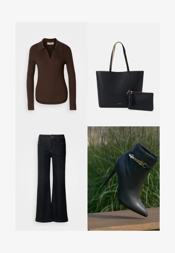 Mørkebrune ribbede trøje med lange ærmer, krave og V-halsudskæring. Har subtile glitrende detaljer og et lille logo på den nederste side.; Mos Mosh MMDARA DELUXE JEANS - Jeans Relaxed Fit - dark blue; Sorte højhælede ankelstøvler med spids tå og guldspænde, præsenteret på en træoverflade med grønne planter i baggrunden.; Sort tote taske med struktureret materiale, to lange håndtag og en aftagelig lynlåspose med en frynse-detalje. Guld mærkelogo synligt.