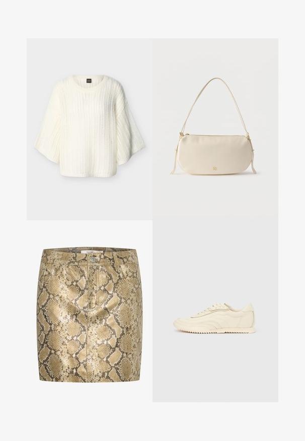 Hvid løsstrikket sweater med brede trekvartærmer og rund halsudskæring, mærket "BOSS" indeni kraven.; Slangeprint mini nederdel med metallisk glans i nuancer af guld og beige. Har knaplukning og for- og baglommer. Tekstureret overflade.; Lavprofileret sneaker i cremefarve med bølget syning, snørebånd og en rilleret sål, vist fra siden på en ensfarvet baggrund.; Kræmmerhvid lille skuldertaske med enkelt rem, lynlås og diskret gyldent mærkelogo på forsiden.