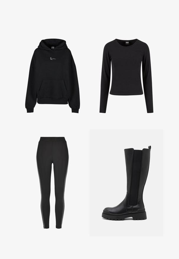 Sort hoodie lavet af blødt stof, med en kengurulomme og et logo broderet i hvid på brystet. Løs pasform med ribbede cuffs.; Sort langærmet t-shirt lavet af blødt, strækbart stof. Har rund halsudskæring og en tætsiddende overdel med lige kant.; Sorte leggings lavet af strækbart materiale, med en høj talje og hvide sidest stripes langs benene. Glat tekstur, tætsiddende design.; Even&Odd Plateaustøvler - black