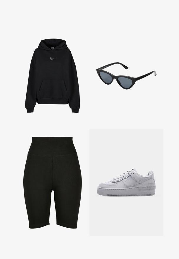 Sort hoodie lavet af blødt stof, med en kengurulomme og et logo broderet i hvid på brystet. Løs pasform med ribbede cuffs.; Sorte højtaljede cykelshorts lavet af strækstof, med en glat overflade og syet kant, designet til komfort og bevægelsesfrihed.; Grå Nike Air Force 1 sneakers med perforeret tå, glat læderoverdel, tyk sål og præget 'AIR' detalje på hælen.; Sorte katteøje solbriller med mørkegrå linser, slankt plastisk stel, spidse hjørner og lige stænger. Ingen synlig hardware eller dekorationer.