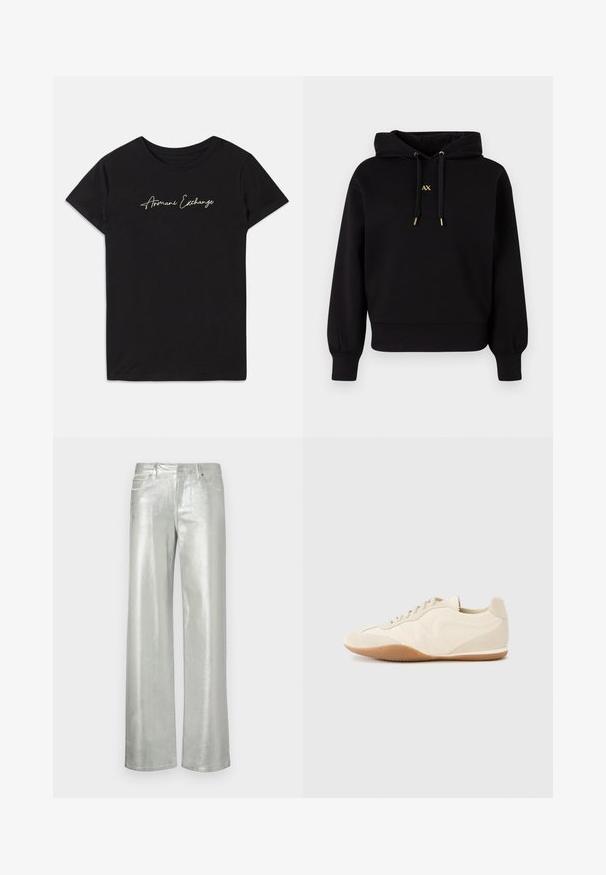 Sort hætte sweatshirt lavet af blødt stof. Har et cropped design, elastiske manchetter og guld accents snore med etlogo.; Sort bomulds T-shirt med korte ærmer og rund halsudskæring, prydet med et kursiv "Armani Exchange" logo i hvid.; Sølv vide bukser lavet af metalisk stof. Har to frontlommer og lynlås. Glat tekstur og shiny finish.; Lyse beige sneakers med en tekstureret læderoverdel, teksturerede sider og en gummisål. Har et slankt, strømlinet design og flade snørebånd.