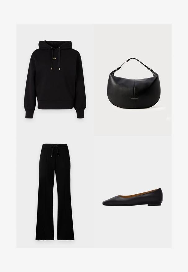 Sudadera negra con capucha hecha de tela suave. Presenta un diseño recortado, puños elásticos y cordones con acentos dorados que llevan un logo.; Pantalones de chándal anchos y negros con cintura elástica y cordón, acentos de abertura lateral, tela suave y un diseño elegante.; Zapato plano de punta puntiaguda de cuero negro con tacón bajo y acabado liso, mostrado de perfil sobre un fondo gris claro.; Bolso de mano de cuero negro con forma redondeada, que presenta una correa brillante y una sutil placa de logo. Textura suave y diseño minimalista.
