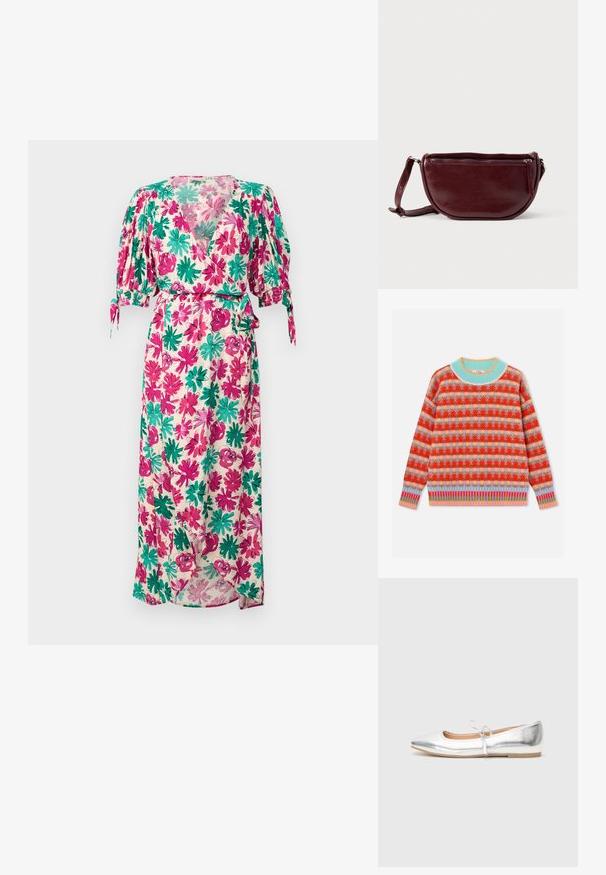 Farverig strikket sweater med rødt, lilla og gult blomsterprint, lyseblå ribbet halsudskæring og stribede, ribbede ærmekanter og kant forneden i pastelfarver.; Blomstret maxikjole med korte pufærmer, der har et mønster i pink, grøn og creme. Inkluderer en bindebælte i taljen og en V-halsudskæring.; Sølv flad sko med spids tå, lavet af metallisk syntetisk materiale. Har en tynd strop med en dekorativ sløjfe. Glat tekstur.; Vinrød læderhåndtaske med halvmåneform, lynlås og aftagelig rem. Glat tekstur med en subtil glans.