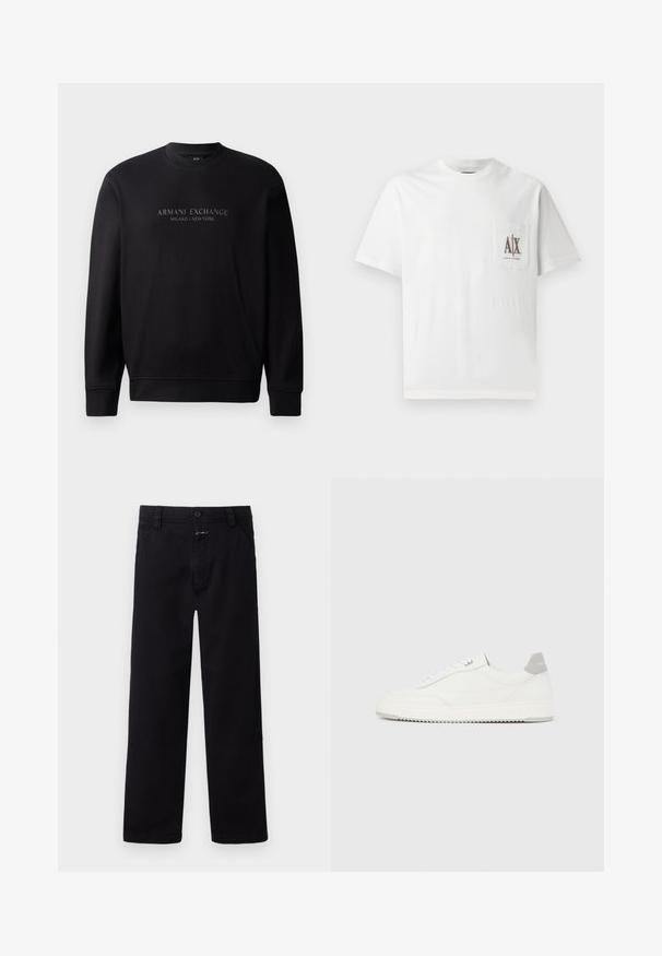 Schwarzer Rundhalsausschnitt-Sweatshirt mit eingeprägtem Text "ARMANI EXCHANGE MILANO / NEW YORK" auf der Vorderseite. Der Stoff ist glatt mit gerippten Bündchen.; Weißes Baumwoll-T-Shirt mit kurzen Ärmeln, einem Rundhalskragen und einer linken Brusttasche mit einem gestickten "A|X"-Logo in Braun.; Schwarze Baumwollhosen mit geradem Bein, ausgestattet mit einem Frontverschluss aus Knopf und Reißverschluss sowie seitlichen Taschen. Einfacher und vielseitiger Stil.; Weißer Sneaker mit niedrigem Schaft, grauem Fersenlaschen, weißen Schnürsenkeln und einer strukturierten Sohle, dargestellt vor einem schlichten hellen Hintergrund.