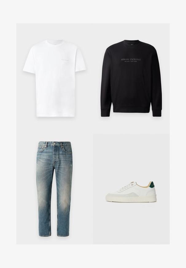 Zwarte crewneck sweatshirt met "ARMANI EXCHANGE MILANO / NEW YORK" in reliëftekst op de voorkant. De stof is glad met ribgebreide manchetten.; Witte katoenen t-shirt met korte mouwen, ronde halslijn, met een subtiele grijze logo-afdruk op de linkerkant van de borst en een gladde textuur.; Lichtblauwe denim jeans met een rechte snit. Met een knoopsluiting, vijf zakken en subtiele vervagings en wassing op de dijen.; Witte sneaker met suède accenten, ronde neus, platte veters en een crème rubberen zool. Bevat groene branding op de hiel.