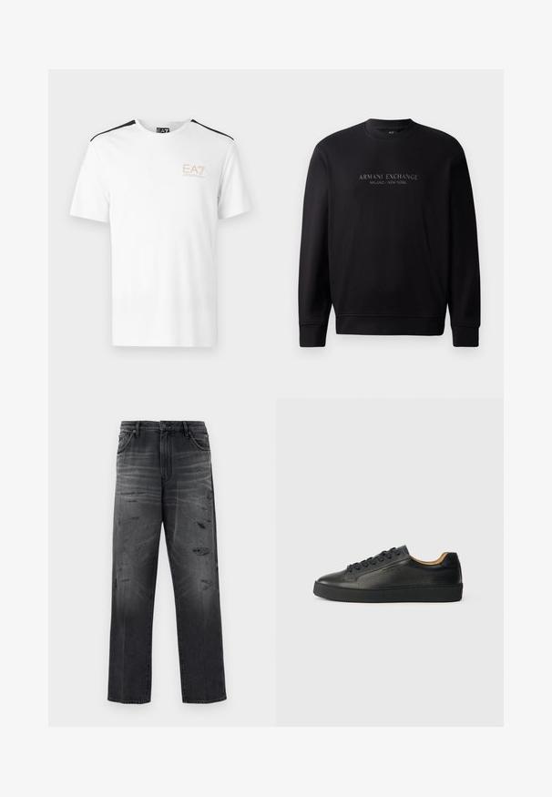 Čierna mikina s okrúhlym výstrihom, na prednej strane s embosovaným textom "ARMANI EXCHANGE MILANO / NEW YORK". Tkanina je hladká s rebrovanými manžetami.; Biely tričko s krátkym rukávom s čiernymi akcentmi na pleciach a logom EA7 v svetlej béžovej farbe na ľavej hrudi. Bavlnený materiál.; Čierne deninové nohavice s uvolneným strihom, s vyblednutým dizajnom a poškodenými záplaty. Štandardný strih s piatimi vreckami a zapínaním na gombík.; Čierne nízke kožené tenisky s textúrovaným povrchom, čiernymi šnúrkami a hrubou gumenou podrážkou, zobrazené z boku na svetlom pozadí.