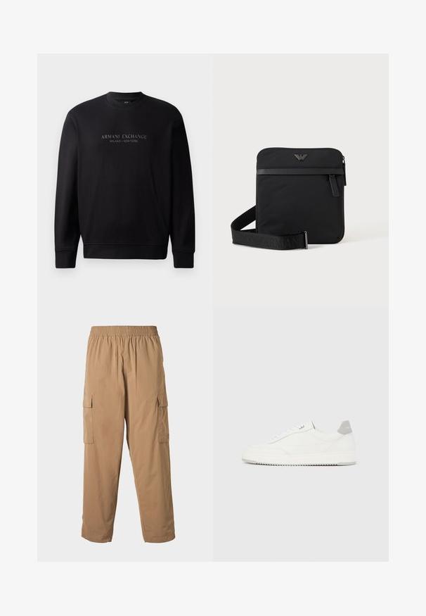 Čierna mikina s okrúhlym výstrihom, na prednej strane s embosovaným textom "ARMANI EXCHANGE MILANO / NEW YORK". Tkanina je hladká s rebrovanými manžetami.; Béžové cargo nohavice s elastickým pásom, ktoré majú viacero bočných vreciek a ľahkú, hladkú textúru. Rovný strih.; Biela nízka teniska so sivým pätovým pásikom, bielymi šnúrkami a členitou podrážkou, zobrazená na jednoduchom svetlom pozadí.; Čierna štvorcová kabelka cez rameno so zipsom, predným vreckom a nastaviteľným popruhom s vyrazeným názvom značky.