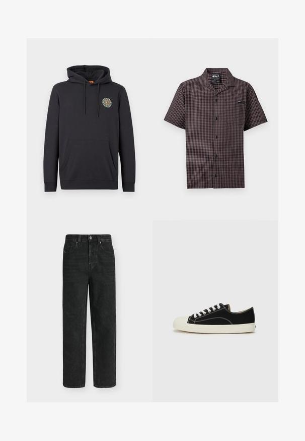 Sweat à capuche noir à enfiler avec poche avant, cordons de serrage et petit emblème coloré de soleil sur la poitrine gauche, sur un fond uni.; Chemise à manches courtes avec boutons, motif à carreaux foncés, col évasé et petite poche poitrine sur fond uni.; Jean noir coupe droite avec taille haute, bouton et fermeture éclair à l'avant, poches latérales et arrière, présenté sur un fond clair uni.; Baskets en toile noires avec des coutures blanches, un embout rond en caoutchouc et des lacets blancs. Présente un dessus en tissu texturé et une semelle beige.