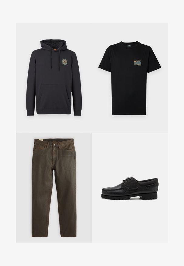 Zwarte pullover hoodie met voorzak, koorden en een klein kleurrijk zon-embleem op de linkerborst tegen een effen achtergrond.; Zwart T-shirt met korte mouwen, voorzien van een kleine meerkleurige afbeelding van een berg en oceaan, met de tekst "BILLABONG Adventure division" op de linkerborst.; Donkergroene denim jeans met een rechte snit, voorzien van koperen stiksels, een klassiek vijfzakdesign en een knoopsluiting.; Zwarte schoen met een leren bovenzijde, textiele accenten, ronde veters en een getextureerde rubberen zool. Voorzien van mocassin-stiksel en merkdetails.