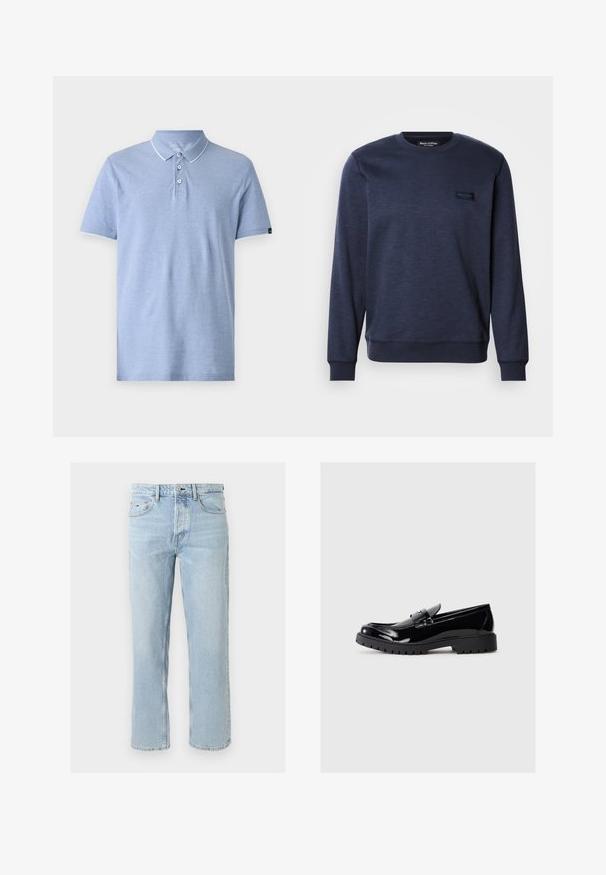 Tumedat sinine sviiter, mis on valmistatud pehmest kangast, ümmarguse kaeluse, soonikkoes mansettide ja väikese logoplaadiga esipinnal.; Heled sinine polo-särk, mis on valmistatud pehmest kangast. Omab krae, kolme nuppu ning valget äärist krael ja varrukatel. Klassikaline lõige.; Hele sinised sirgete sääreosadega teksapüksid esiküljel nööbi ja tõmblukuga, vööaugud ning viis taskut, sealhulgas väike logo paremal taskul.; Mustad nahast mustad loafers, millel on ümardatud varb, dekoratiivne rihm ja jäme kummist tall, millel on sügavad mustrid haarduvuse jaoks.