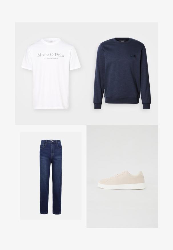 Marineblauwe sweater gemaakt van zachte stof, met een ronde halslijn, geribbelde mouwen en een klein logopatch op de voorkant.; Witte katoenen T-shirt met een ronde hals, korte mouwen en grijze opdruk met de tekst "Marc O'Polo EST. IN STOCKHOLM."; Donkerblauwe denim jeans met een recht model, vijf zakken, een knoopsluiting en subtiele horizontale stiksels.; Beige suède sneakers met witte rubberen zolen, ronde neus en zes veterogen. Gladde textuur met minimalistisch ontwerp.